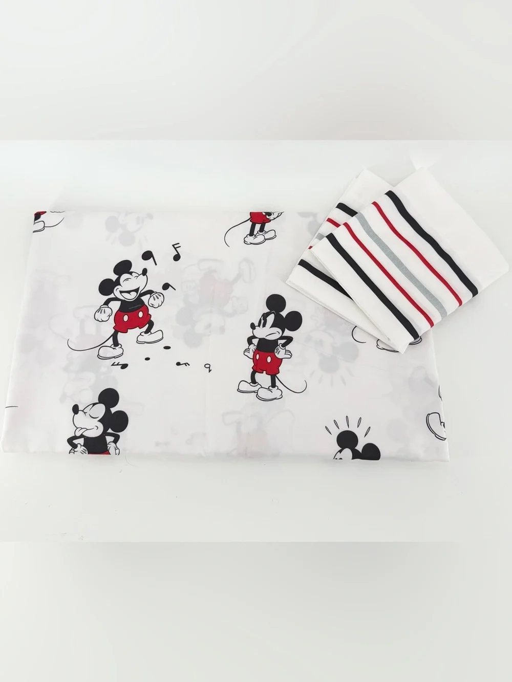 Disney Mickey Mouse Full Bed Sheet Set 4 Piece White Red Gray Striped